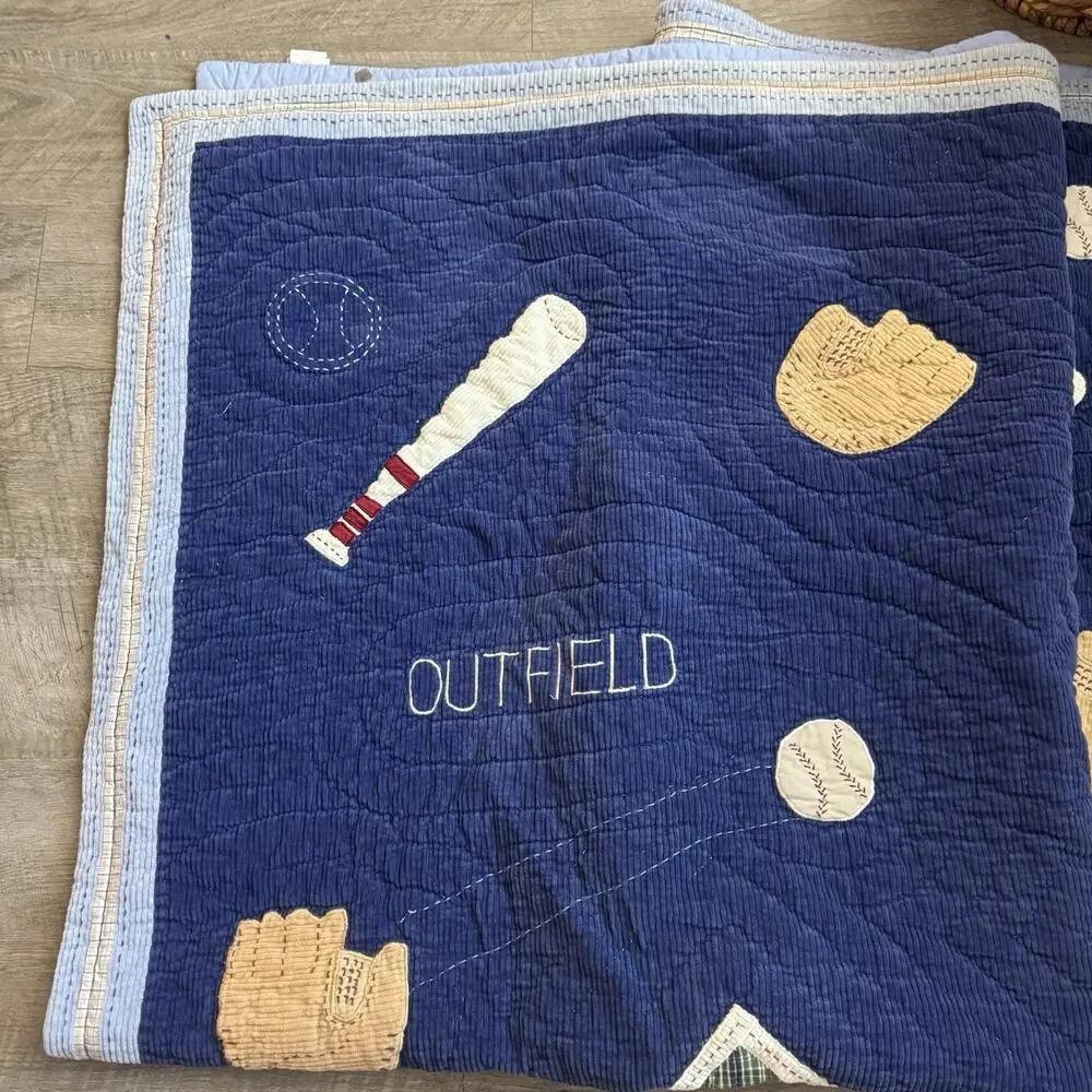 Full Pottery Barn Kids Baseball Field Cotton Corduroy Quilt Home Run Appliqué